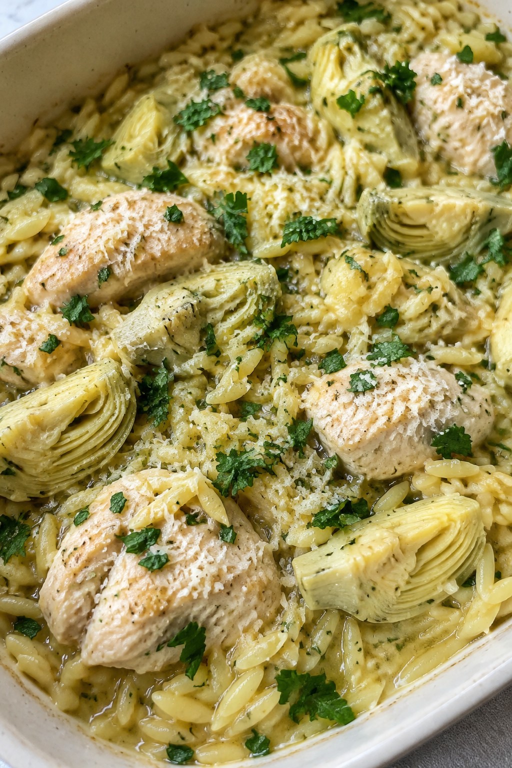 Lemon Orzo Casserole with Chicken and Artichokes