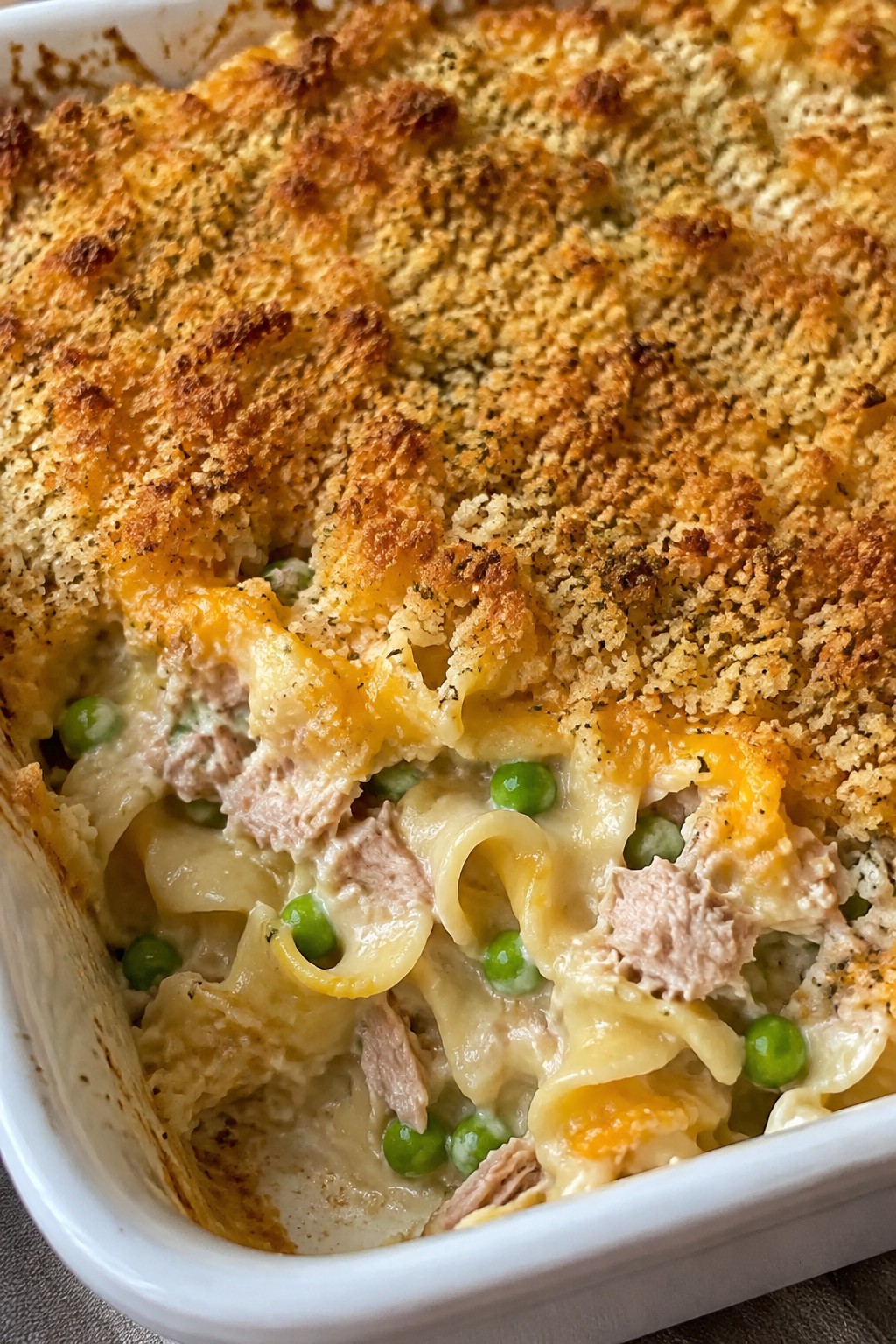 Tuna Noodle Casserole with Peas and Crispy Breadcrumbs