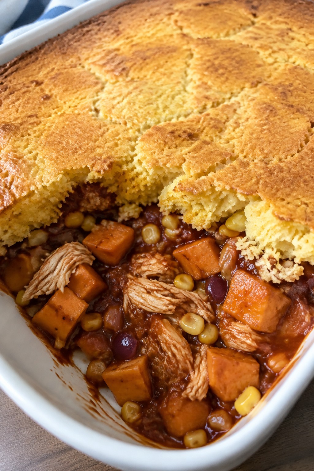 Barbecue Chicken Casserole with Sweet Potatoes and Cornbread Crust
