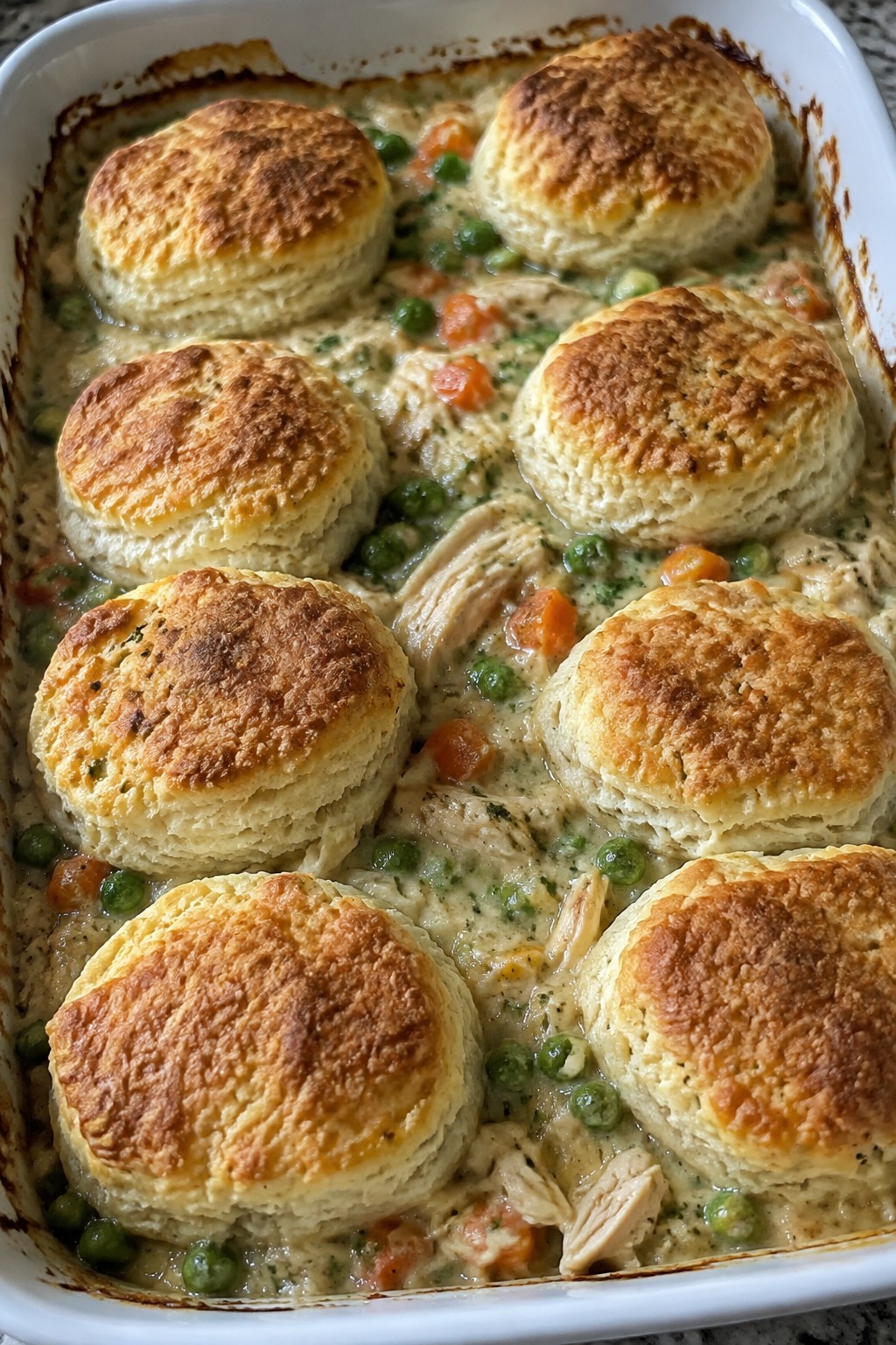 Rotisserie Chicken Pot Pie Casserole with Biscuit Topping