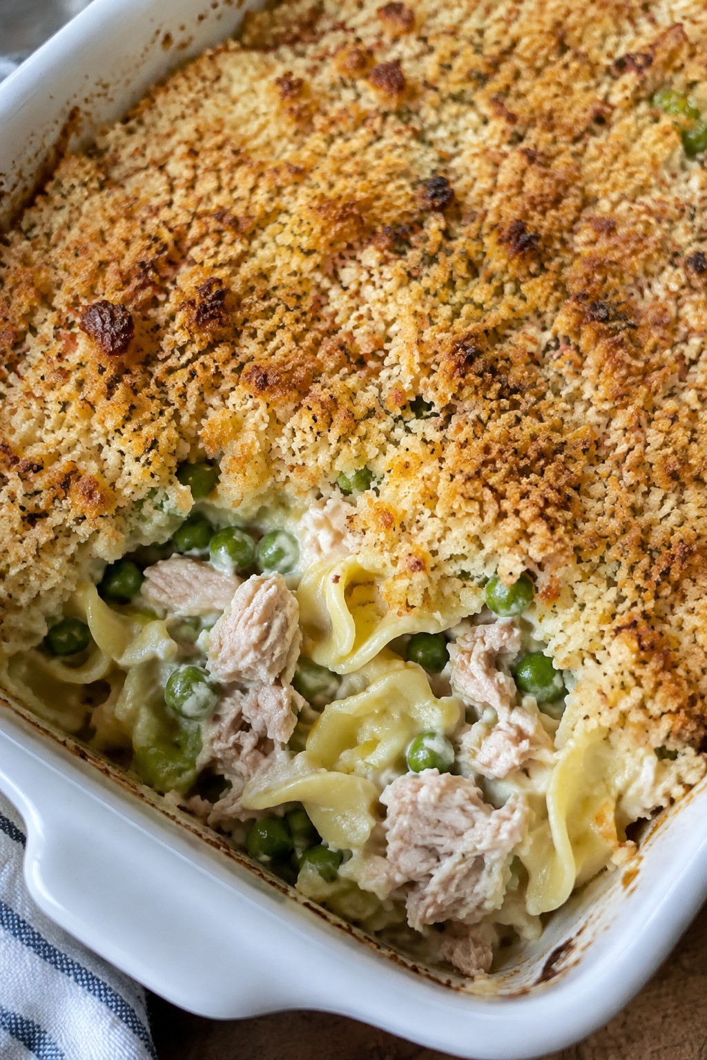 Tuna Noodle Casserole with Peas and Crispy Breadcrumbs
