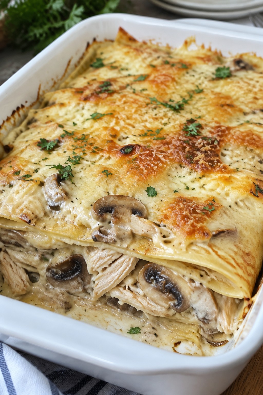 Chicken and Mushroom Crepe Casserole with Mornay Sauce