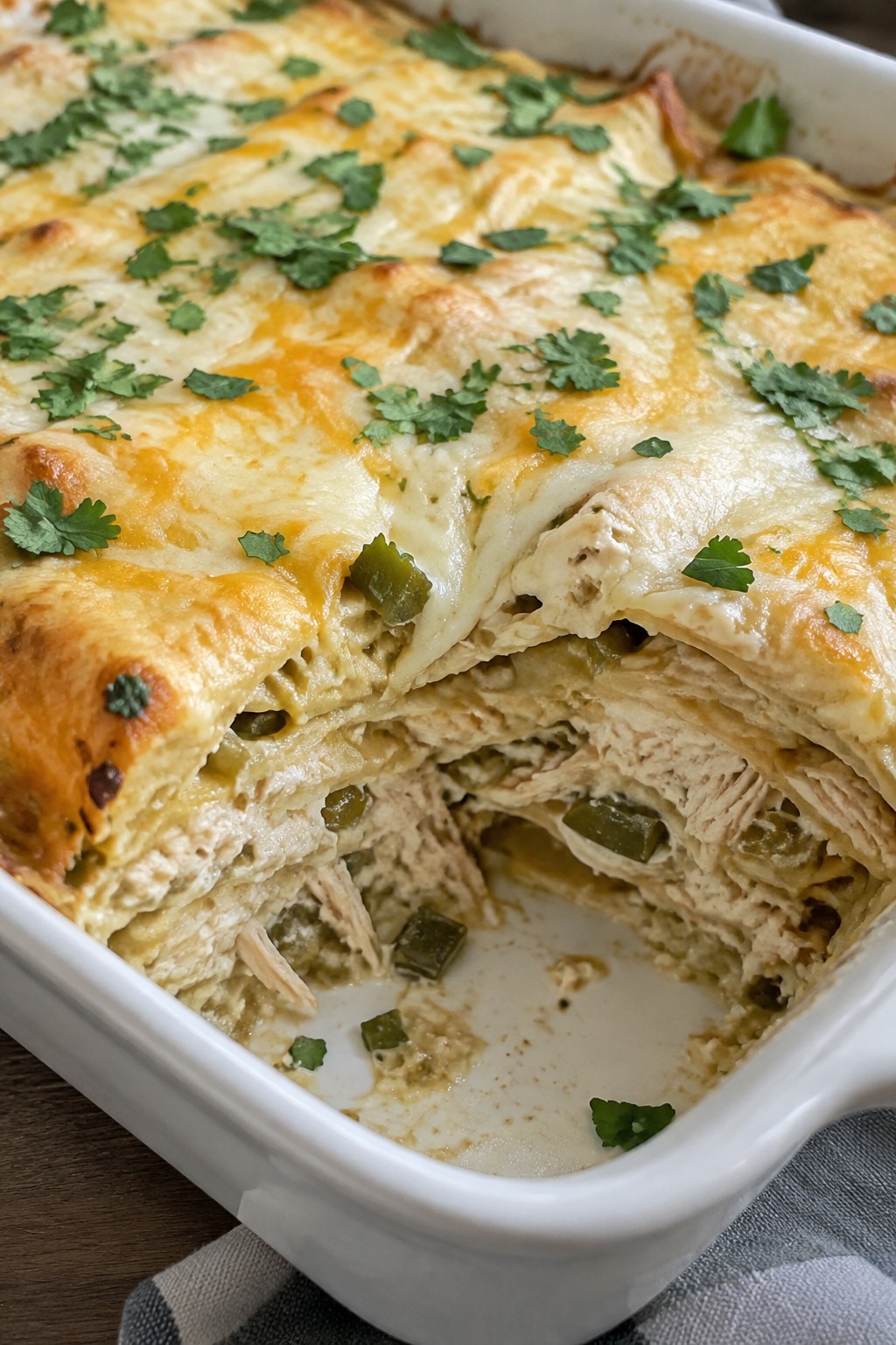 Green Chile Chicken Enchilada Casserole with Sour Cream Sauce