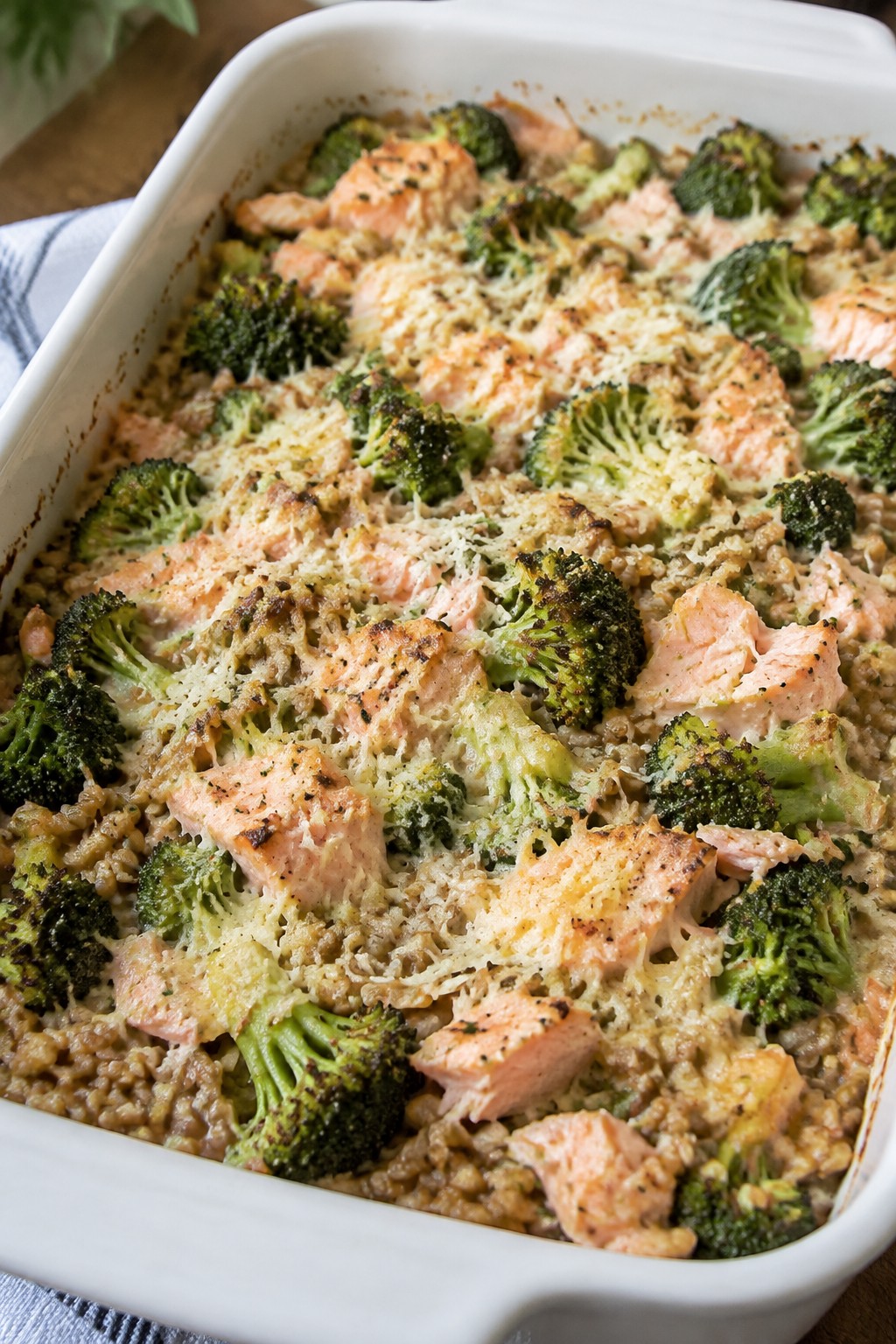 Baked Salmon, Farro, and Broccoli Casserole