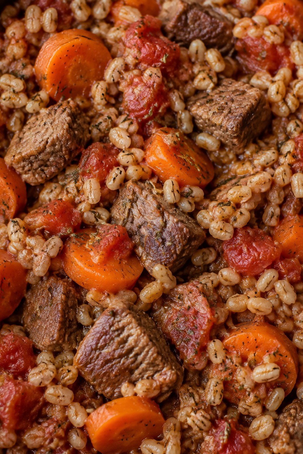 Beef and Barley Casserole with Carrots and Tomatoes