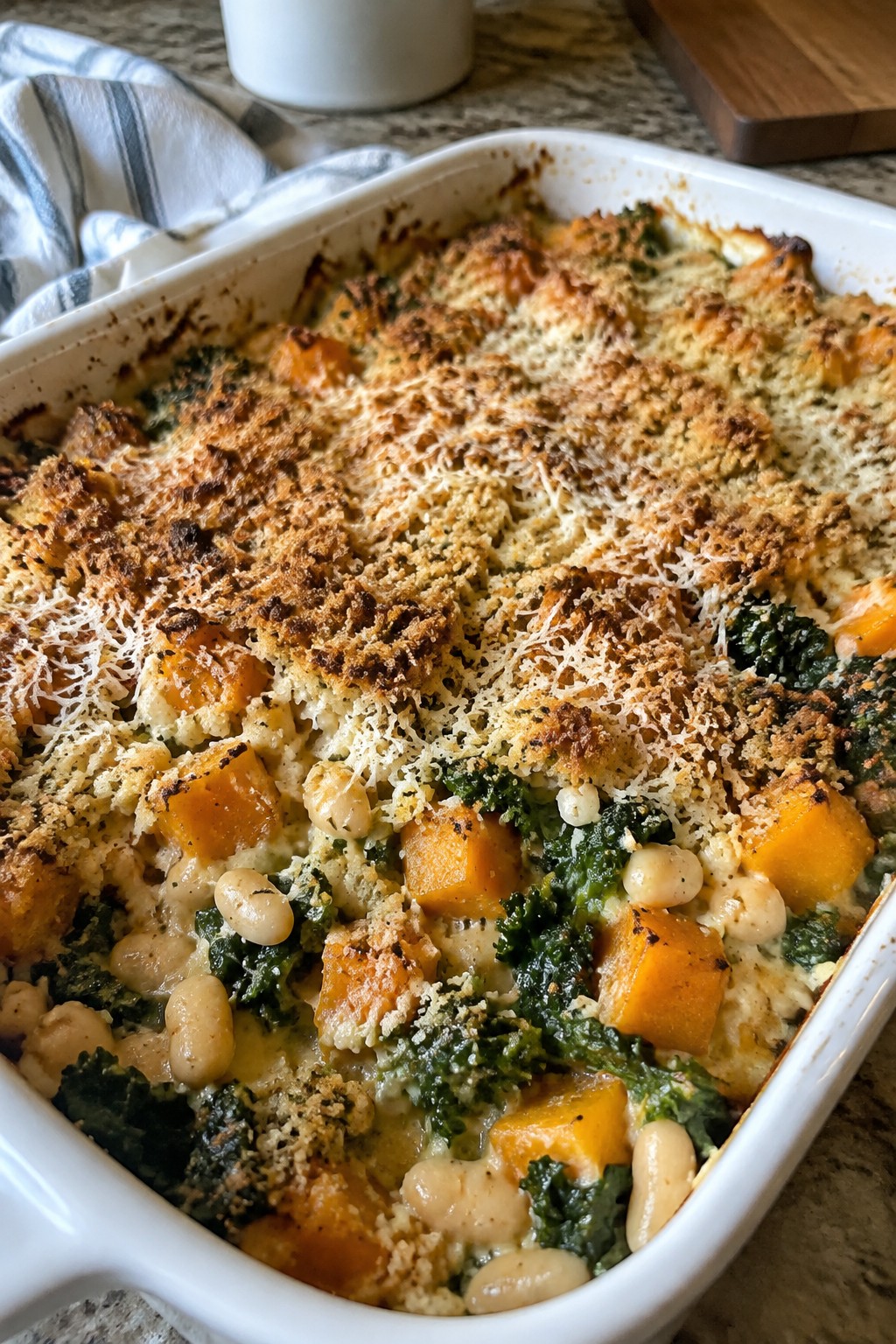 Butternut Squash, Kale, and White Bean Gratin