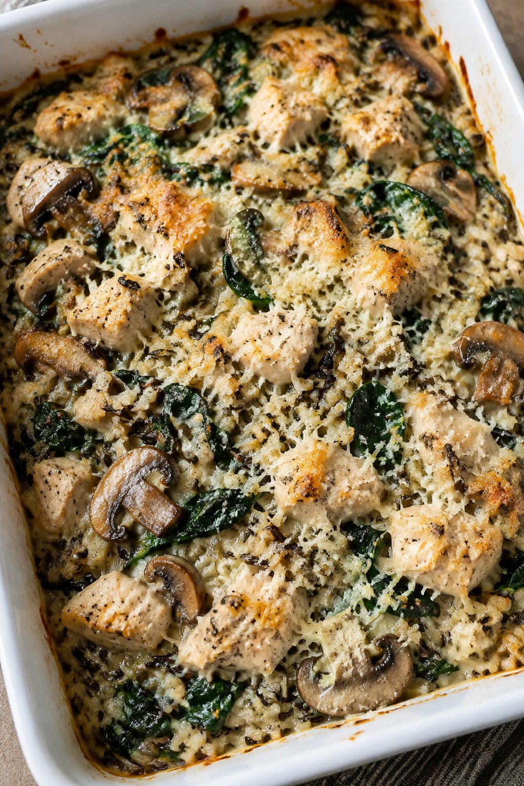 Chicken and Wild Rice Casserole with Mushrooms and Spinach