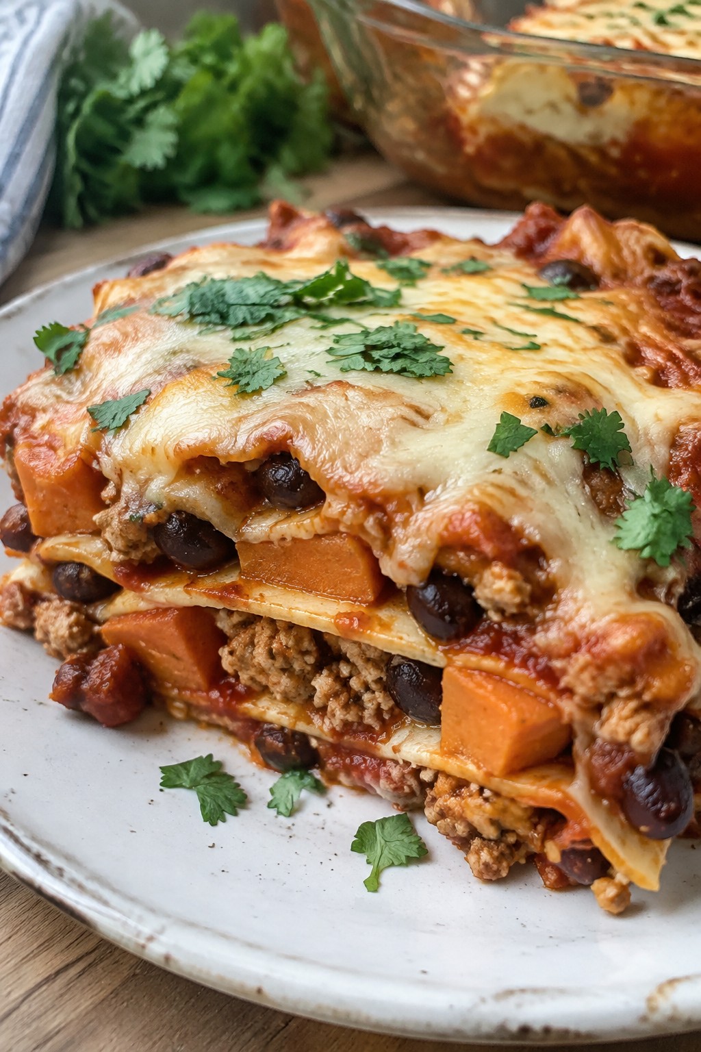 Turkey, Sweet Potato, and Black Bean Enchilada Casserole