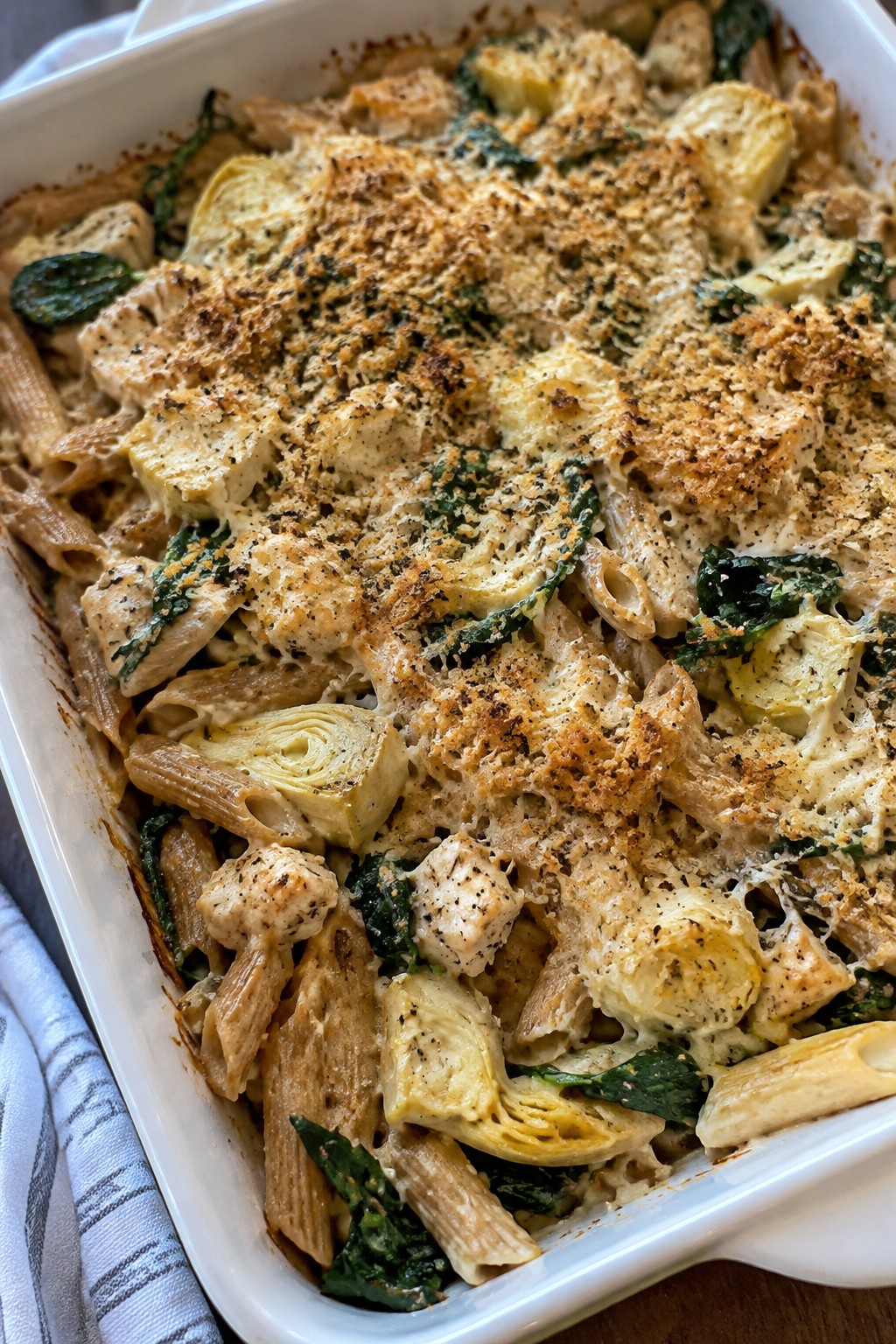 Whole-Wheat Pasta Casserole with Chicken, Artichokes, and Lemon