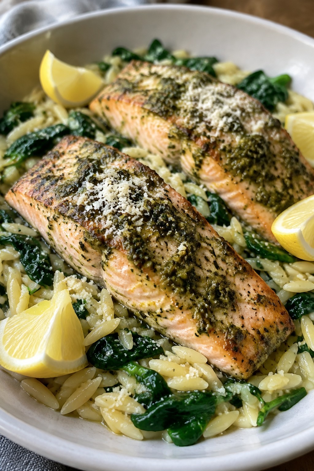 Baked Pesto Salmon with Orzo and Spinach