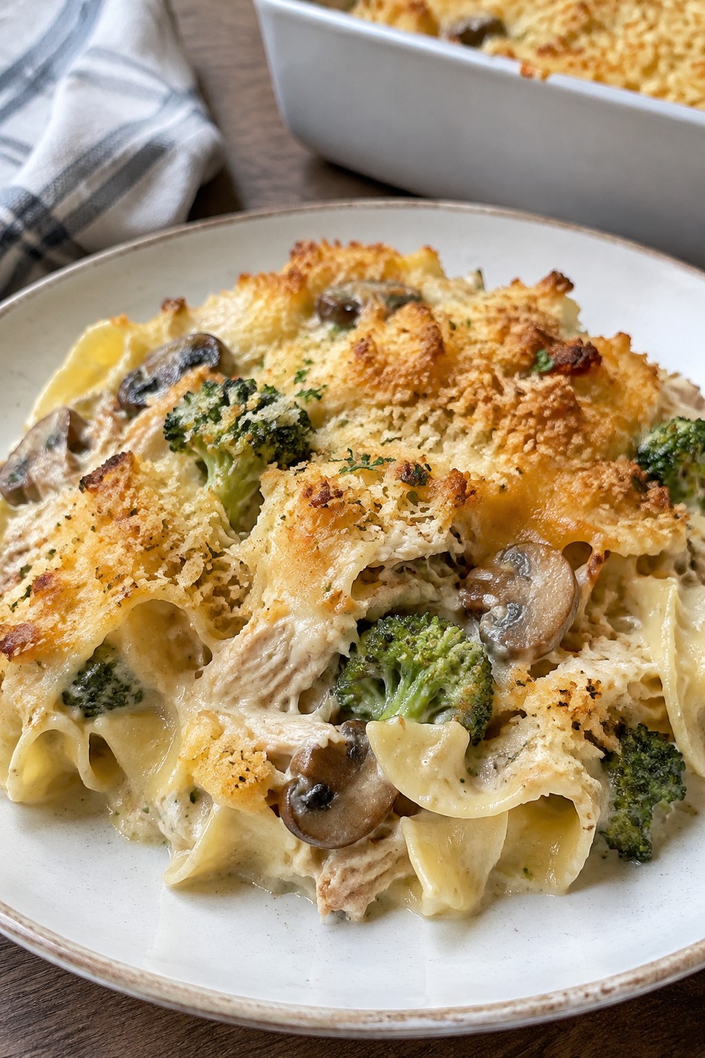 Chicken Broccoli and Mushroom Gruyère Noodle Bake