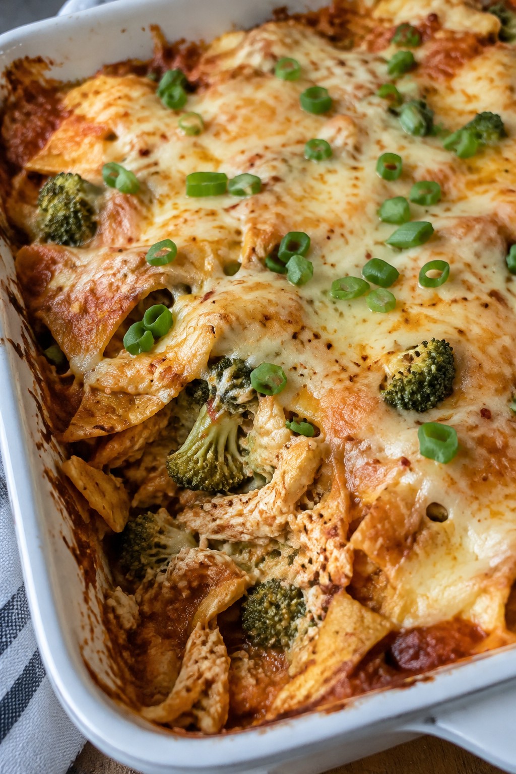 Chicken Broccoli Enchilada Casserole with Pepper Jack