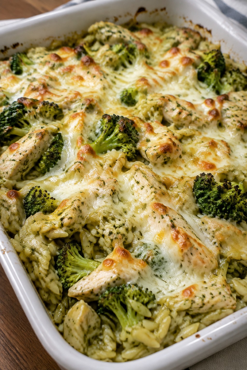 Pesto Chicken Broccoli and Mozzarella Orzo Bake