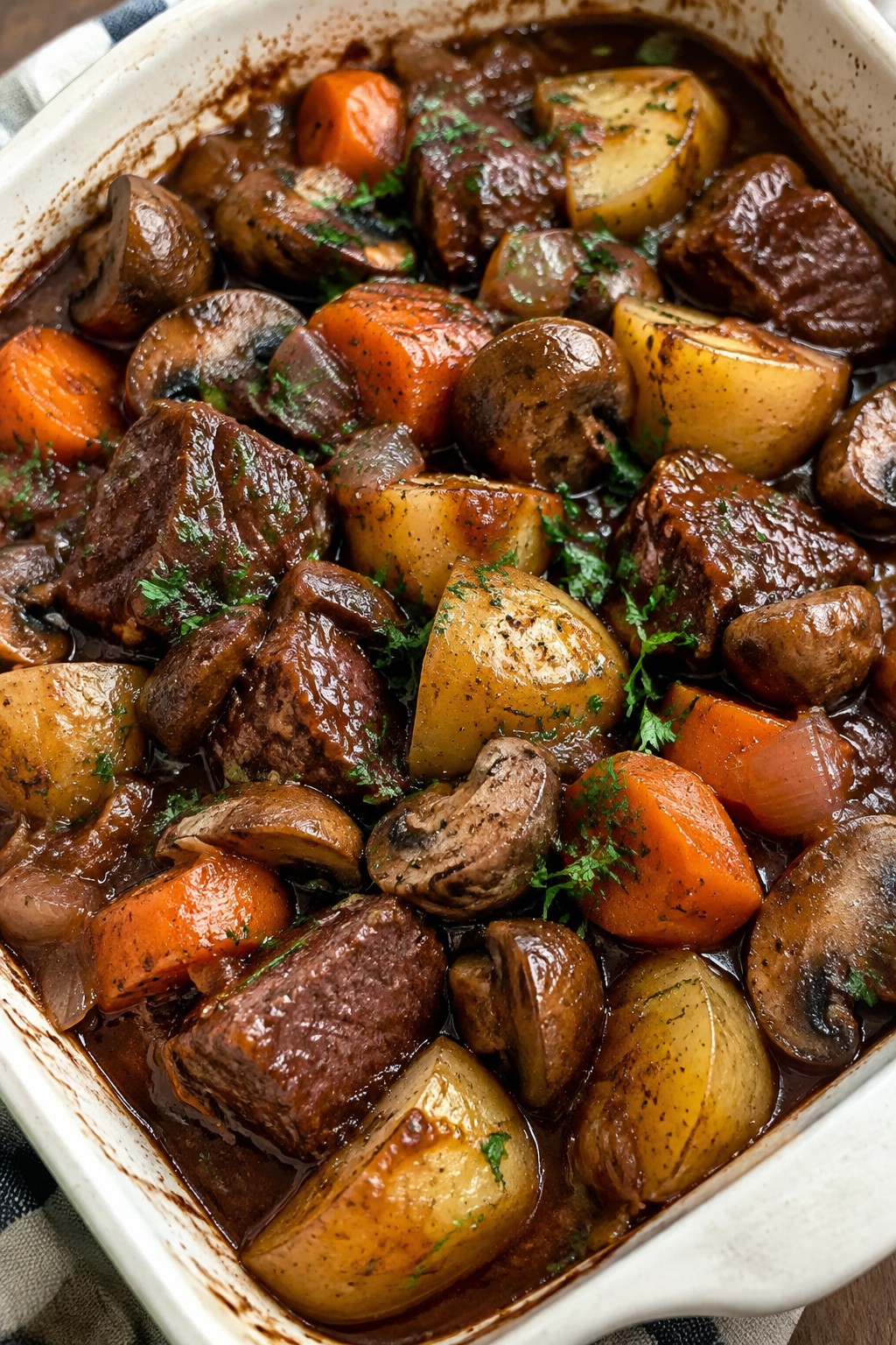 Beef, Potato, and Mushroom Casserole with Red Wine Sauce