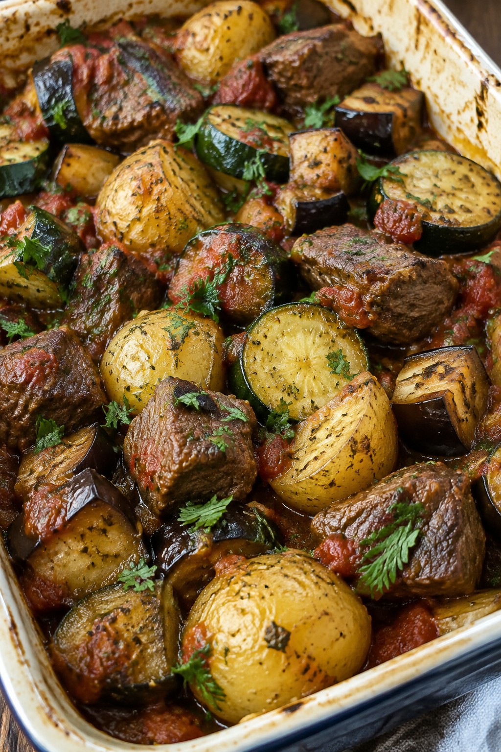 Mediterranean Beef Casserole with Potatoes, Eggplant, and Zucchini