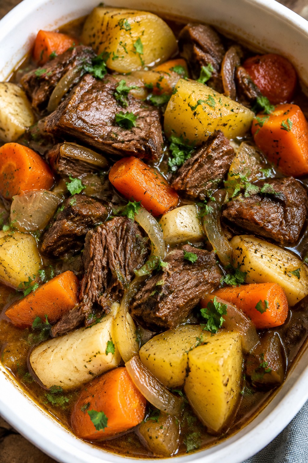 Slow-Cooked Beef Brisket Casserole with Potatoes and Root Vegetables