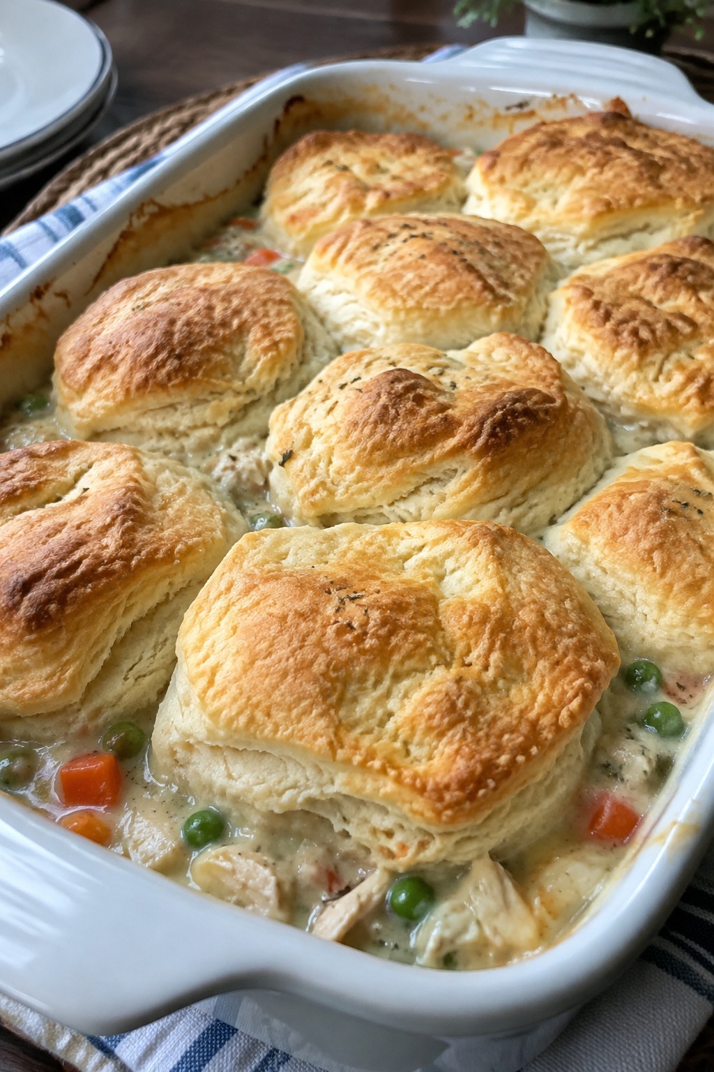 Chicken Pot Pie Casserole with Biscuit Topping