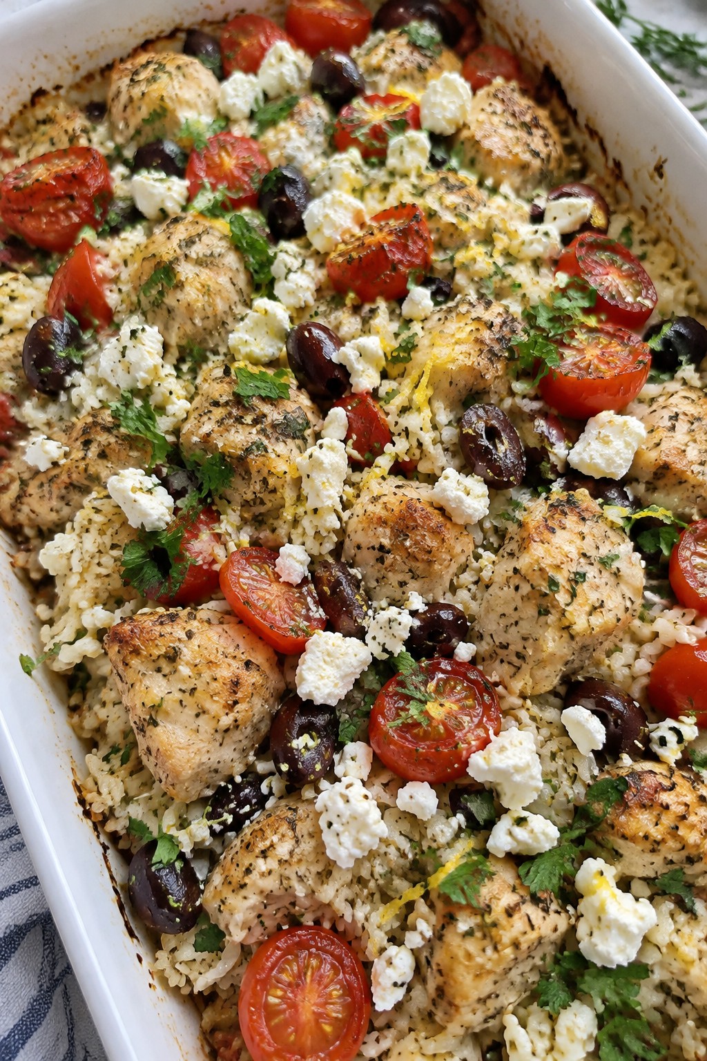 Greek Chicken, Rice, and Feta Bake