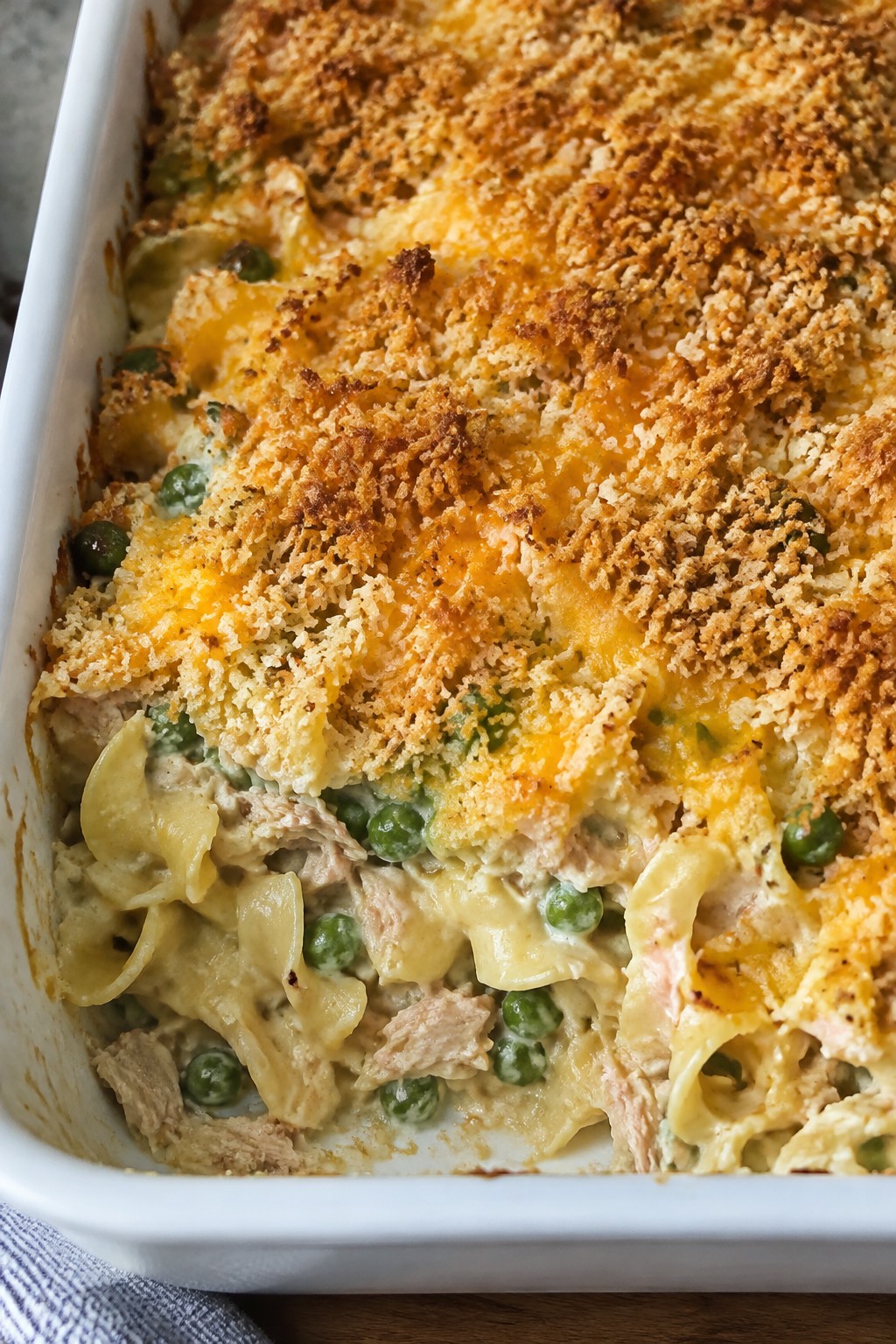 Tuna Noodle Casserole with Peas and Crispy Breadcrumbs