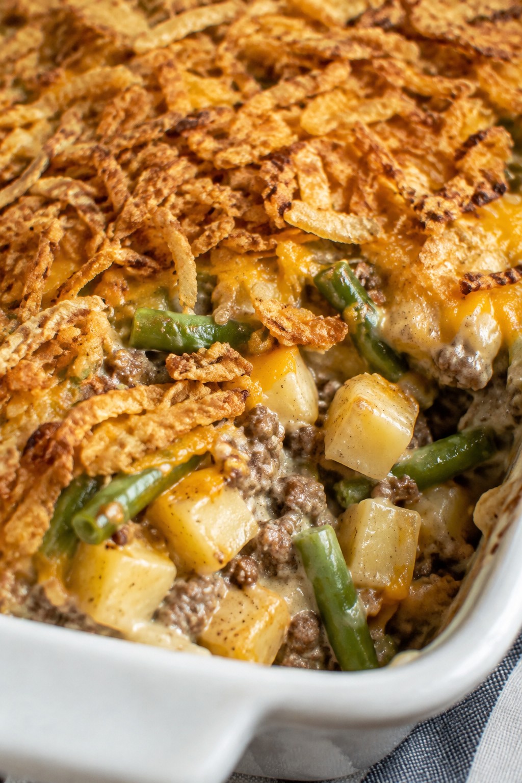 Beef, Potato, and Green Bean Hotdish with Crispy Onions