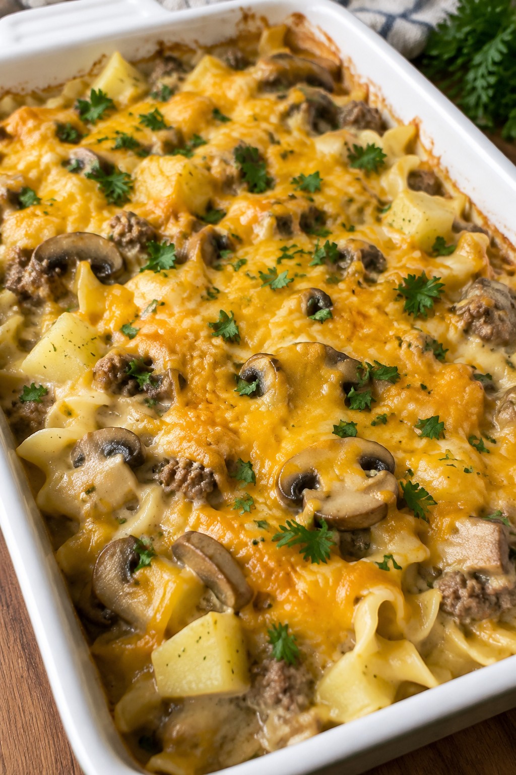 Beef Stroganoff Hotdish with Egg Noodles and Potatoes